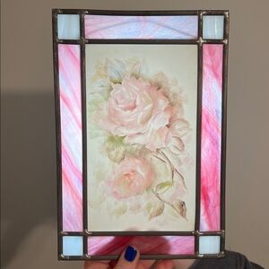 Vintage Handpainted Rose Porcelain Tile Stained Glass Window Hanging Wall Decor